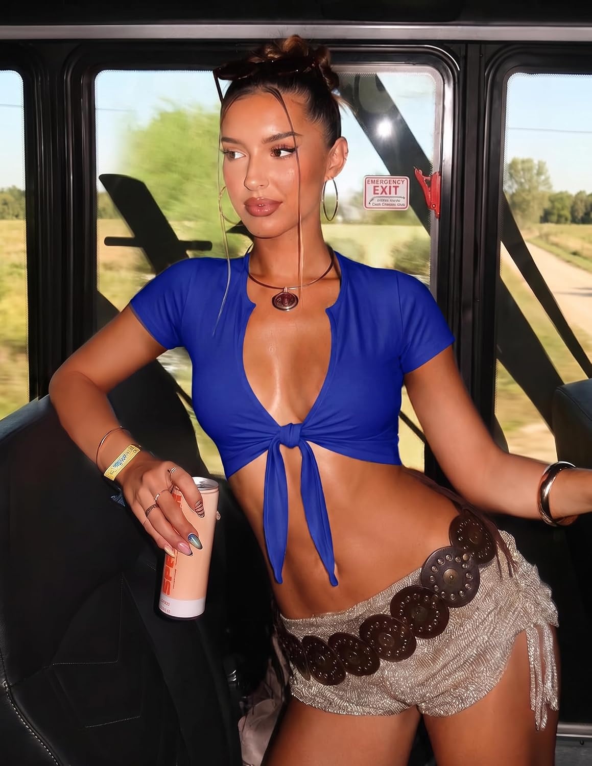 image:imageBORIFLORS Womens Sexy Deep V Neck Tie Front Crop TopsRoyal Blue